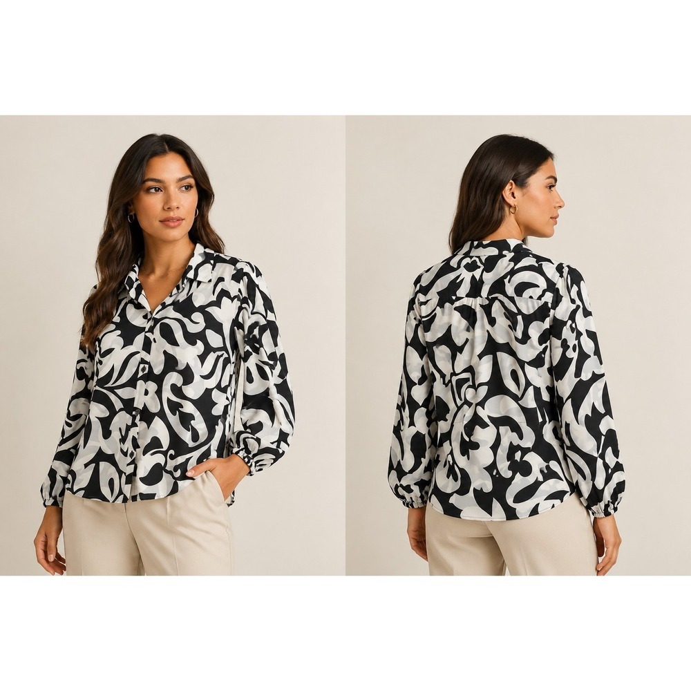 Belle by Kim Gravel Women's Medium Black White Abstract Button Blouse Top